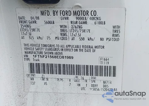 2008 Ford F-250 Xl/Xlt z USA, uszkodzony, nr VIN 1FTNF21568ED81989